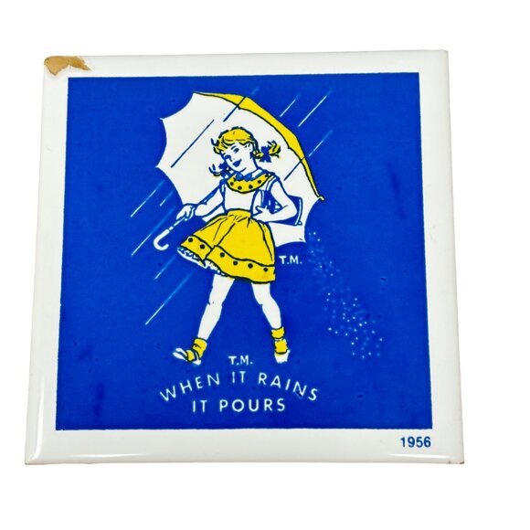 Vintage Morton Salt Trivet Coasters 1956 Girl "When It Rains It Pours" Set Of 2 - Picture 2 of 6